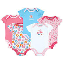 Luvable Friends Girls 5 Pack "Beautiful" Floral and Birdie Theme Short Sleeve Bodysuits