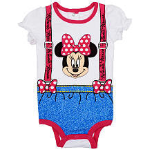 Disney Girls' White/Pink Minnie Mouse Short Sleeve Bodysuit with Printed Suspenders