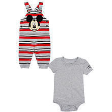 Disney Boys' 2 Piece Gray/Red Mickey Mouse Short Sleeve Bodysuit and Overalls Set