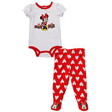 Disney Girls' 2 Piece White/Red Minnie Mouse Short Sleeve Bodysuit and Footed Pants Playwear Set