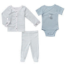 amy coe Boys 3 Piece Set with Blue Snap Front Jacket, Pull On Footed Pant and Assymetrical Snap Front Bodysuit