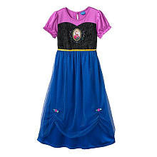 Disney Girls Pink/Black/Blue Frozen Anna Flutter Sleeve Satin Pique Night Gown with Foil Dotted Mesh Overlay - Toddler