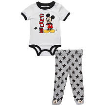 Disney Boys' 2 Piece White/Gray Mickey Mouse Short Sleeve Bodysuit and Footed Pants Playwear Set