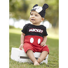 Disney Boys' 2 Piece Red/Black Mickey Mouse Lap Shoulder Romper and Hat Layette Set