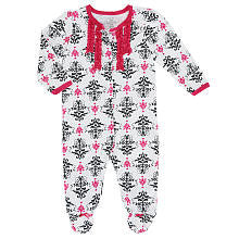 Koala Baby Girls Black and Hot Pink Printed Snap Front Footie with Ruffle Details at Neckline