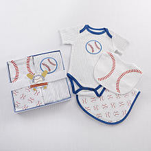 Baby Aspen Boys 3 Piece "Little Slugger" Layette Gift Set with Pinstripe Bodysuit, Bib, and Burp Cloth- 0-6 Months