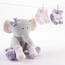 Baby Aspen Girls "Tootsie in Footsies" Elephant and Socks Gift Set with 2 Pairs Faux Shoe Socks and Plush- 0-6 Months