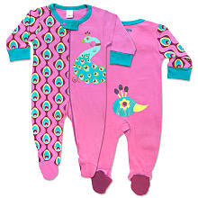 Sozo Girls Pink/Blue Peacock Applique Zip Up Footie