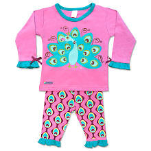 Sozo Girls 2 Piece Pink/Blue Peacock Playwear Set with Long Sleeve Top and Ruffle Cuff Printed Pants