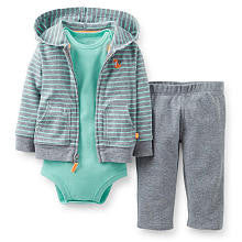 Carter's Boys 3 Piece Grey/Blue Striped Zip Up Hoodie, Short Sleeve Bodysuit and Pant Set