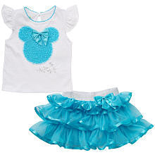 Disney Girls' 2 Piece White/Blue Minnie Mouse Playwear Set with Flutter Sleeve Shirt and Mesh Skirt