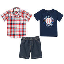 Koala Baby Boys' 3 Piece Playwear Set with Woven Short Sleeve Shirt, Short Sleeve Graphic T Shirt and Shorts