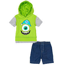 Disney Boys' 2 Piece Green/Navy Monsters Inc. Playwear Set with Faux Layered Short Sleeve Hoodie and Denim Shorts