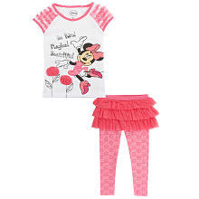 Disney Girls' 2 Piece White/Pink Minnie Mouse Cap Sleeve Shirt and Skirted Leggings Playwear Set