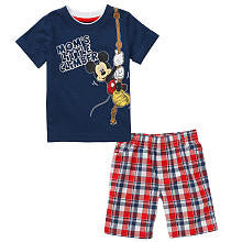 Disney Boys' 2 Piece Navy/Red Mickey Mouse Climber Playwear Set with Short Sleeve T Shirt and Plaid Pants