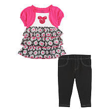 Disney Girls' Pink/Black Minnie Mouse Playwear Set with Faux Layered Tiered Short Sleeve Tunic and Knit Pants - Toddler