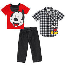 Disney Boys' 3 Piece Black/Red Mickey Mouse Playwear Set with Short Sleeve Woven Shirt, T Shirt and Denim Pants