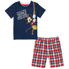 Disney Boys' 2 Piece Navy/Red Mickey Mouse Climber Playwear Set with Short Sleeve T Shirt and Plaid Pants - Toddler