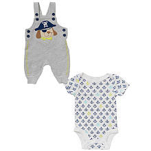 Koala Baby Boys' 2 Piece Gray/White Pirate Puppy Playwear Set with Short Sleeve Bodysuit and Overalls