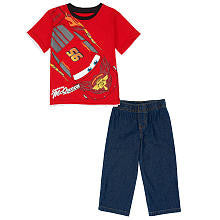 Disney Boys' 2 Piece Red/Blue Cars Lightning McQueen Short Sleeve T Shirt and Jeans Playwear Set - Toddler