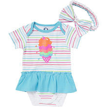 Gerber Girls 2 Piece Striped Ice Cream Embroidered Onesie with Skirted Teal Ruffle and Headband