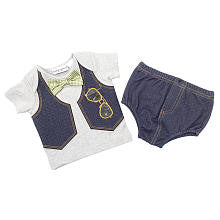 Babyrageous Boys 2 Piece Light Grey Faux Denim Vest, Bowtie and Sunglasses Bodysuit and Matching Diaper Cover Set