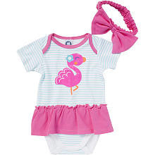 Gerber Girls 2 Piece Striped Flamingo Embroidered Onesie with Skirted Pink Ruffle and Headband