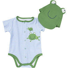 Gerber Boys 2 Piece Blue Striped Frog Embroidered Onesie with 3D Hat