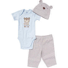 Gerber Boys 3 Piece Set with Light Blue Bear Embroidered Onesie, Striped Legging and Matching Hat