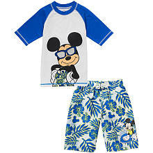 Disney Boys' 2 Piece White/Blue Tropical Surfer Mickey Mouse Short Sleeve Rash Guard and Swim Trunks Set - Toddler