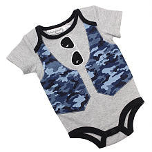 Babyrageous Boys Light Grey Faux Blue Camo Print Vest and Glasses Short Sleeve Bodysuit