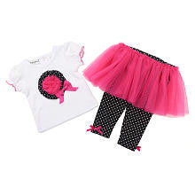 Babyrageous Girls 2 Piece White Short Sleeve Top with Polka Dot/Pink Rosette and Skirted Polka Dot Leggings Set