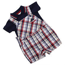 Koala Baby Boutique Boys 2 Piece Navy Short Sleeve Polo and Plaid Shortall Set