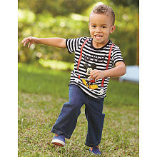 Disney Boys' 2 Piece Black/White Mickey Mouse Suspenders Playwear Set with Short Sleeve Striped T Shirt and Jeans