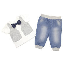 Babyrageous Boys 2 Piece White Faux Vest and Bowtie Short Sleeve Top and Faux Denim Pant Set