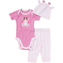 Gerber Girls 3 Piece Set with Pink Giraffe Embroidered Onesie, Light Purple Printed Legging and Matching Hat