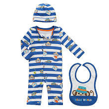 Koala Baby Boys' 3 Piece Blue/White Jungle Animal Travel Layette Set with Snap Front Coveralls, Hat and Bib