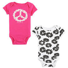 amy coe Girls' 2 Pack Pink/Black Peace and Flowers Graphic Short Sleeve Bodysuits