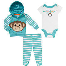 Koala Baby Boys' 3 Piece Teal/White Playwear Set with Raglan Snap Front Hoodie, Short Sleeve Bodysuit and Footed Pants