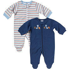 Gerber Boys Navy Embroidered and Multi Color Striped 2 Pack Footies