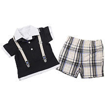 Koala Baby Boutique Boys 2 Piece Grey Faux Suspender Short Sleeve Polo and Plaid Shorts Set