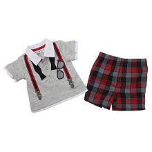 Babyrageous Boys 2 Piece Light Grey Faux Suspender, Glasses and Bowtie Polo and Plaid Shorts Set