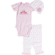 Gerber Girls 3 Piece Set with Light Pink Ditsy Floral Embroidered Onesie, White Printed Legging and Matching Hat