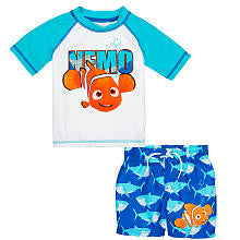 Disney Boys' 2 Piece Blue/White Finding Nemo Short Sleeve Rash Guard and Swim Trunks Set