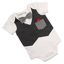 Babyrageous Boys White Faux Vest and Gingham Print Bowtie Short Sleeve Bodysuit