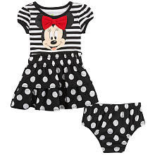 Disney Girls' 2 Piece Black/White Minnie Mouse Stripe/Dot Short Sleeve Dress and Diaper Cover Set