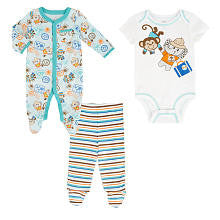 Koala Baby Boys 3 Piece Blue/White Traveling Animals Layette Set with Coveralls, Short Sleeve Bodysuit and Footed Pants