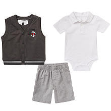 Koala Baby Boys' 3 Piece Brown/White Playwear Set with Short Sleeve Bodysuit, Button Down Vest and Shorts