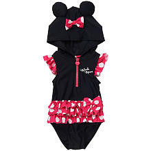 Disney Girls' 1 Piece Black/Pink Minnie Mouse Hooded 1/2 Zip Rash Guard with Tutu