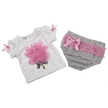 Babyrageous Girls 2 Piece White Short Sleeve Top with Pink Flower Print and Gingham Diaper Cover Set